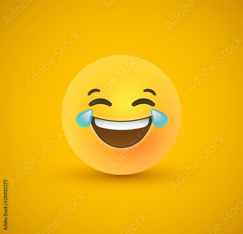 Funny laugh yellow emoticon face 3d background