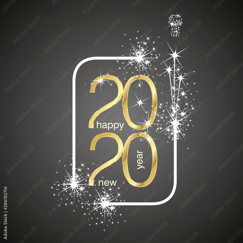 New Year 2020 event sparkle firework gold white light logo calendar black background