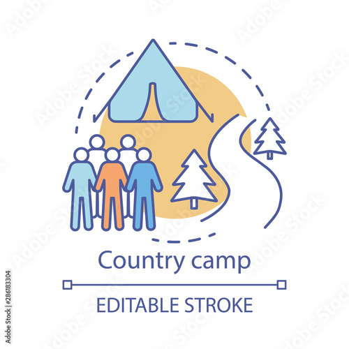 Country camp concept icon. Summer hiking and camping club, holiday resort idea thin line illustration. Travelling in woods, backpacking in forest. Vector isolated outline drawing. Editable stroke