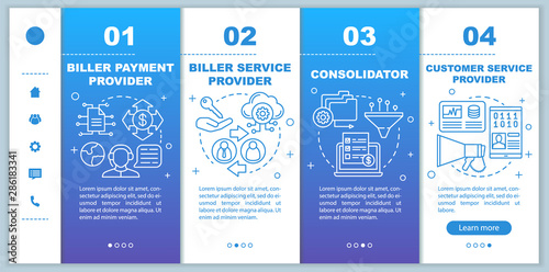Online billing provider onboarding mobile web pages vector template. Responsive smartphone website interface idea with linear illustrations. Webpage walkthrough step screens. Color concept