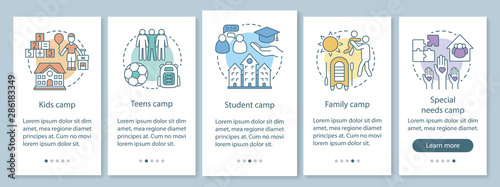 Children camps onboarding mobile app page screen with linear concepts. Kids and family holiday walkthrough steps graphic instructions. UX, UI, GUI vector template with illustrations