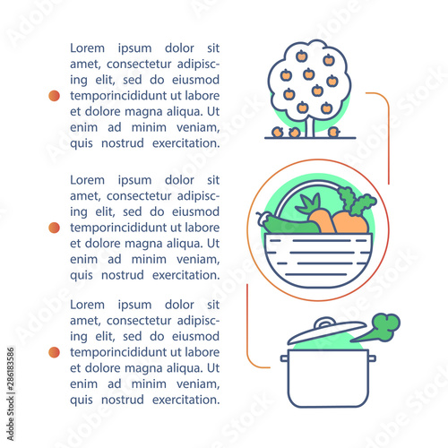 Healthy, natural food, produce article page vector template. Brochure, magazine, booklet design element with linear icons and text boxes. Print design. Concept illustrations with text space