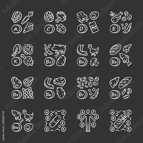 Vitamins chalk icons set. A, C, D, E, K, B natural food source. Vitamin pill, complex, cocktail. Fruits, vegetables. Proper nutrition. Minerals, antioxidants. Isolated vector chalkboard illustrations