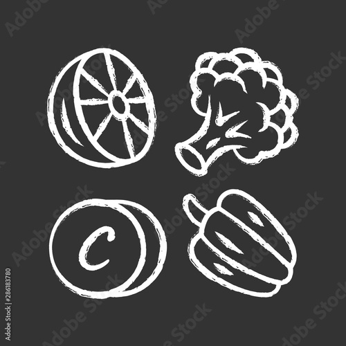 Vitamin C chalk icon. Lemon, broccoli and bell pepper. Healthy eating. Ascorbic acid natural food source. Vegetables. Proper nutrition. Minerals, antioxidants. Isolated vector chalkboard illustration