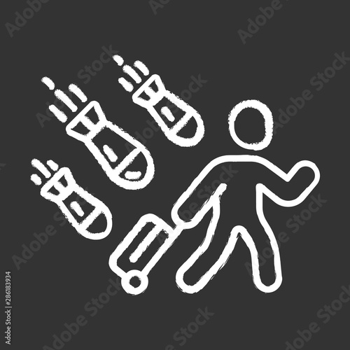 Refugee chalk icon. Humanitarian aid and evacuation. Travelling abroad. Escaping emigrant. War victim. Illegal immigrant. Refugee with luggage. Isolated vector chalkboard illustration
