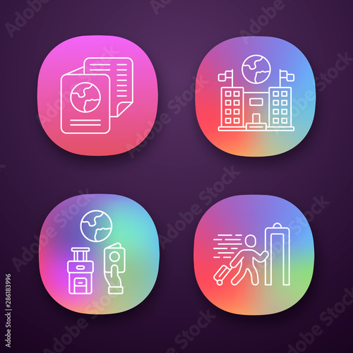 Immigration app icons set. Consulate building. Travel documents, security check. Trip equipment. Refugee, immigrant. UI/UX user interface. Web or mobile applications. Vector isolated illustrations