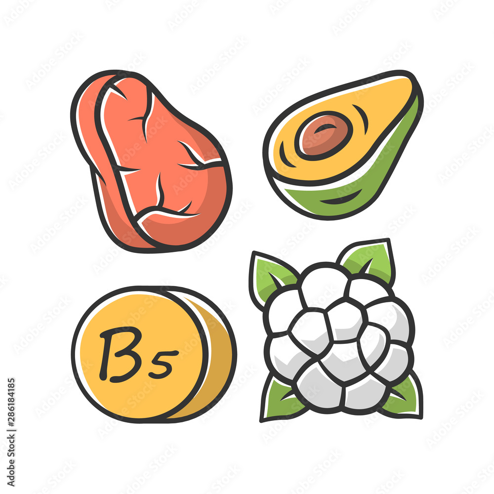 Vitamin B5 color icon. Meat, avocado and cauliflower. Healthy eating. Pantothenic acid natural food source. Proper nutrition. Minerals, antioxidants. Isolated vector illustration Vitamin B5 color icon. Meat, avocado and cauliflower. Healthy eating. Pantothenic acid natural food source. Proper nutrition. Minerals, antioxidants. Isolated vector illustration