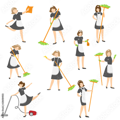Maid posing in different situations set. Raster illustration in flat cartoon style