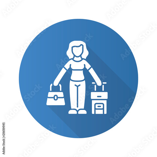 Immigrant woman blue flat design long shadow glyph icon. Traveler, holidaymaker, passenger with handbag and suitcase. Travelling abroad. Tourist trip. Holiday, tourism. Vector silhouette illustration