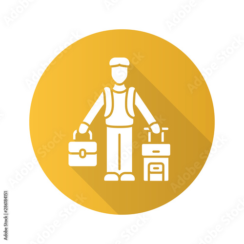 Immigrant man yellow flat design long shadow glyph icon. Refugee with suitcase, backpack. Travelling abroad. Solo trip, tourism. Travel equipment. Immigration. Vector silhouette illustration