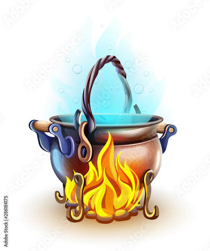 Fairy-tale pot with magic of witch potion cooking at bonfire with burning fire. Blue steam. Isolated on white transparent background. Eps10 vector illustration.