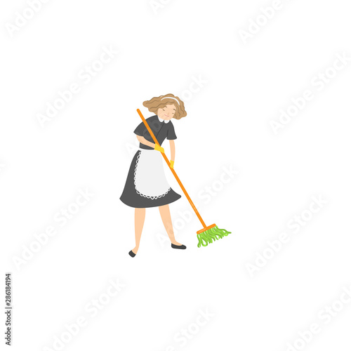 Maid sweeping a floor. Raster illustration isolated on white background