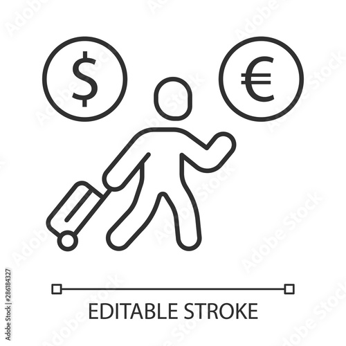 Economic migrant linear icon. Person searching new home. Business immigrant. Travelling abroad. Thin line illustration. Contour symbol. Vector isolated outline drawing. Editable stroke