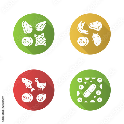 Vitamins flat design long shadow glyph icons set. B5, B6, B12 natural food source. Vitamin pills. Fruits, meat, vegetables. Proper nutrition. Minerals, antioxidants. Vector silhouette illustration