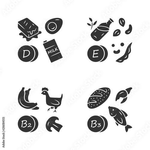 Vitamins glyph icons set. D, E, B2, B3 vitamins natural food source. Dairy products, nuts. Proper nutrition. Healthy food. Minerals, antioxidants. Vector isolated illustration
