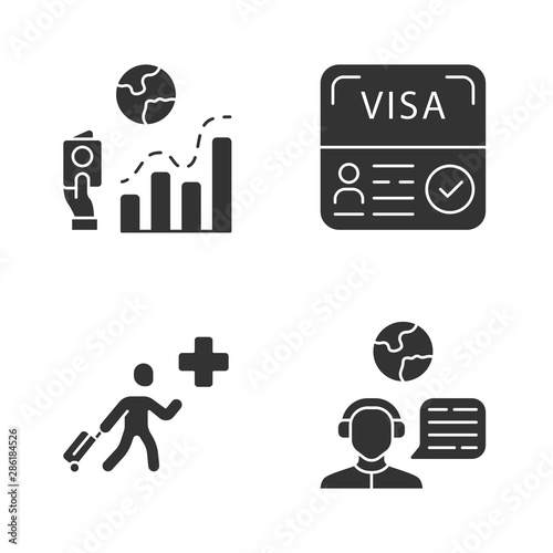 Immigration glyph icons set. Migration rate, visa. Humanitarian immigrant, travel consultant. Trip advisor. Tourist document. Travelling abroad. Silhouette symbols. Vector isolated illustration