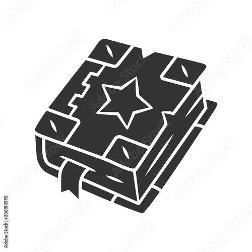 Spell book glyph icon. Silhouette symbol. Negative space. Black magic old spellbook. Witchcraft & sorcery ancient item. Antique grimoire. Fairytale fantasy, mystery book. Vector isolated illustration