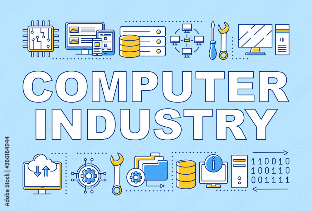 Computer industry word concepts banner. Information technology and electronics. Presentation, website. Isolated lettering typography idea with linear icons. Vector outline illustration Computer industry word concepts banner. Information technology and electronics. Presentation, website. Isolated lettering typography idea with linear icons. Vector outline illustration
