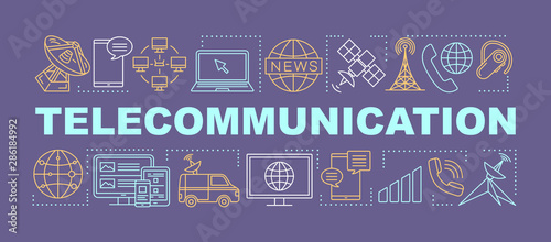 Telecommunication word concepts banner. Global communication service. Telecom system. Presentation, website. Isolated lettering typography idea with linear icons. Vector outline illustration