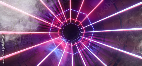 Smoke Neon Glowing Luminous Sci Fi Futuristic Lights Purple Blue Lines Fluorescent Modern Virtual Reality Tunnel Corridor Dark Room Hall Alien Spaceship Reflections 3D Rendering