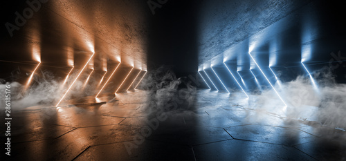 Smoke Smoke Sci Fi Lines Arc Spaceship Glowing Neon Orange Blue Futuristic Virtual Grunge Concrete Cement Reflective Dark Night Tunnel Corridor Hallway Gate Ceiling Floor 3D Rendering