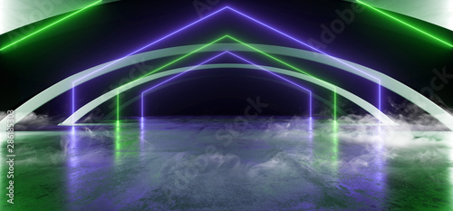 Fototapeta Naklejka Na Ścianę i Meble -  Smoke Sci Fi Oval Triangle Arc Spaceship Glowing Neon Green Blue Futuristic Virtual Grunge Concrete Cement Reflective Dark Night Tunnel Corridor Hallway Gate Ceiling Floor 3D Rendering