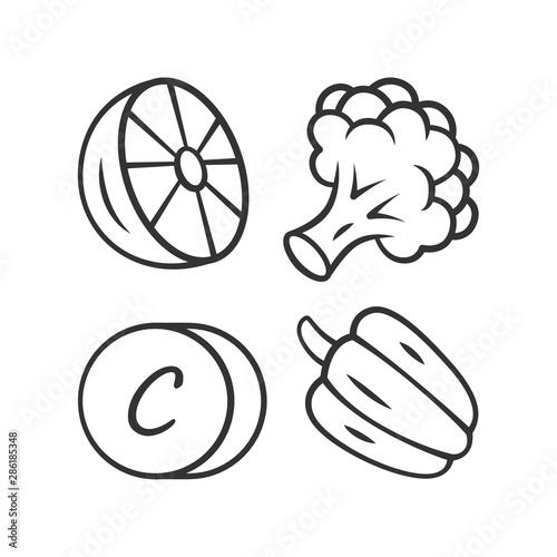 Vitamin C linear icon. Lemon, broccoli and bell pepper. Healthy eating. Ascorbic acid food source. Vegetables. Thin line illustration. Contour symbol. Vector isolated outline drawing. Editable stroke