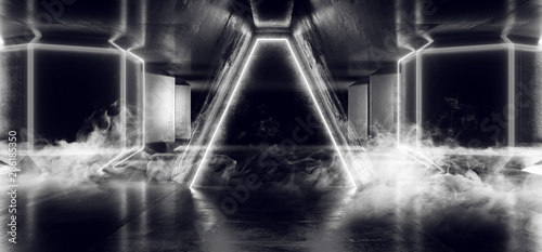 Smoke Futuristic Sci Fi Neon Glowing White Concrete Grunge Columns Hall Room Tunnel Corridor Scene Stage Virtual Stage Empty Dark Night Spaceship Hi Tech 3D Rendering