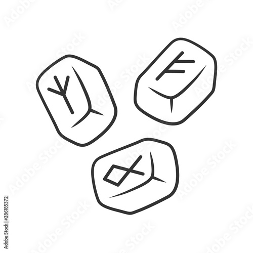 Rune stones linear icon. Thin line illustration. Scandinavian runestones. Viking alphabet stones with runic inscription. Rune reading, fortune telling. Vector isolated outline drawing. Editable stroke