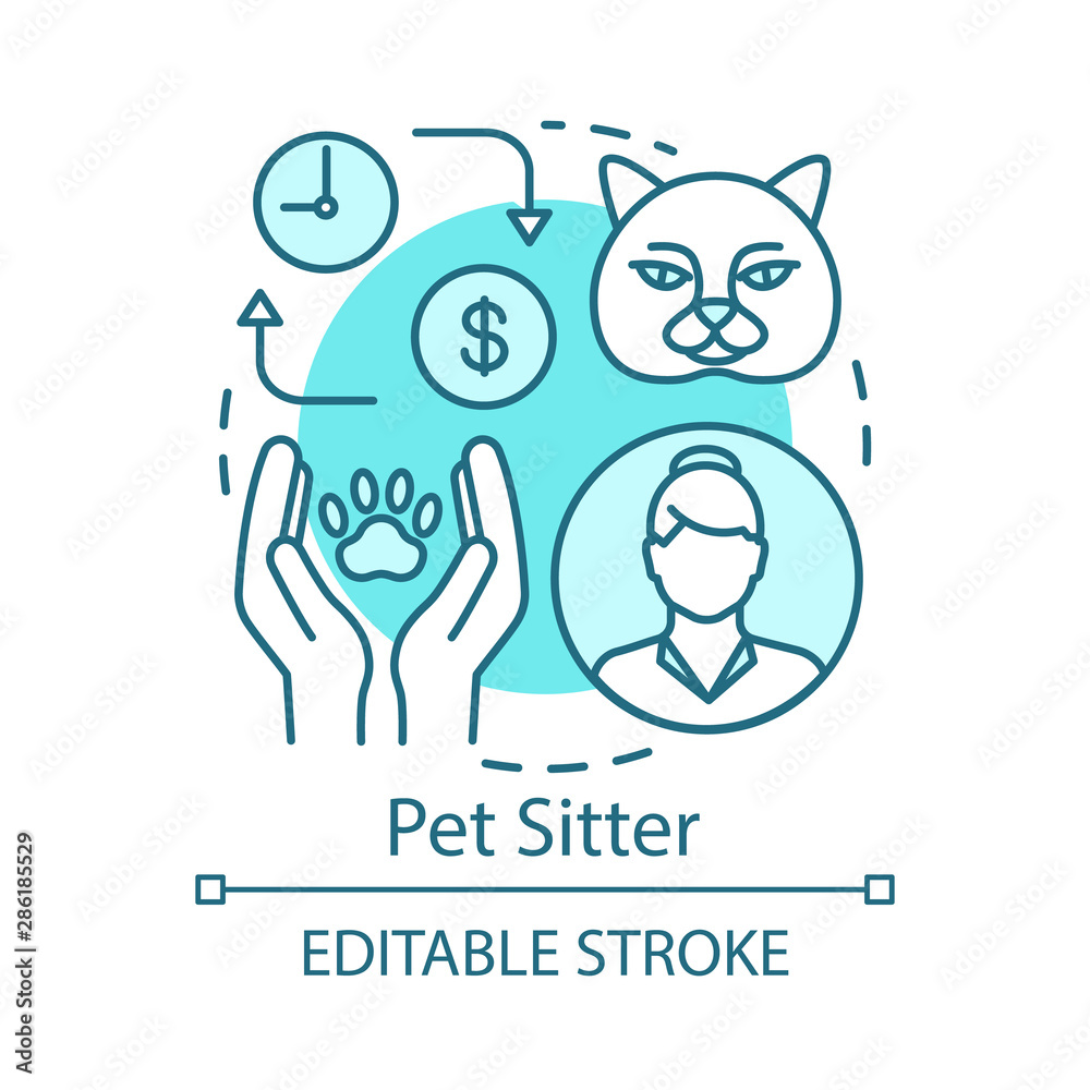 Obraz premium Pet sitter concept icon. Caring for dog, cat idea thin line illustration. Part time job. Short-term employment. Pet nanny, concierge, sitting service. Vector isolated outline drawing. Editable stroke