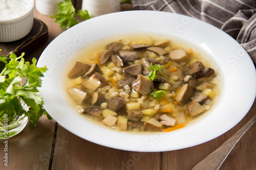 Soup of wild mushrooms (aspen, white, boletus) with vegetables, potatoes, pearl barley. Traditional Russian first course, delicious food for lunch, hot cozy dish