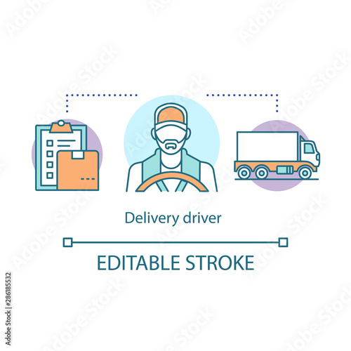 Delivery driver concept icon. Service worker idea thin line illustration. Express shipment, distribution. Delivery vehicle, truck. Cargo shipping. Vector isolated outline drawing. Editable stroke