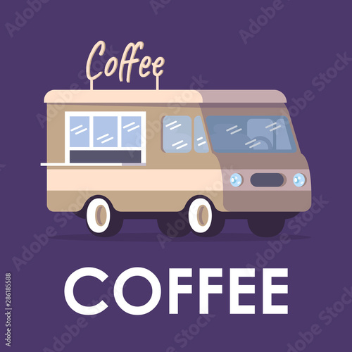 Coffee poster vector template. Commercial food car. Brochure, cover, booklet page concept design with flat illustrations. Movable city cafe. Advertising flyer, leaflet, banner layout idea