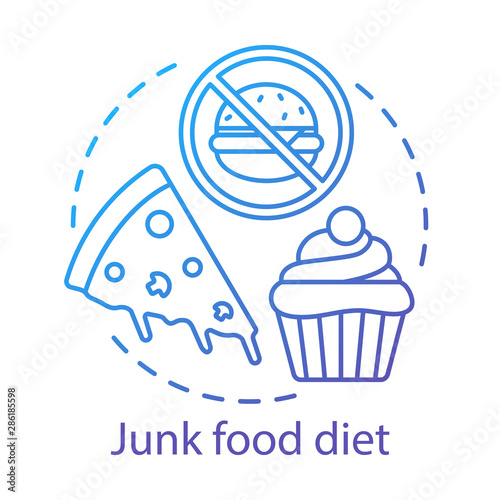 Junk food diet, unhealthy nutrition concept icon. Healthy lifestyle idea thin line illustration. Fastfood and sweets abstention. Tasty cupcake, pizza and burger vector isolated outline drawing