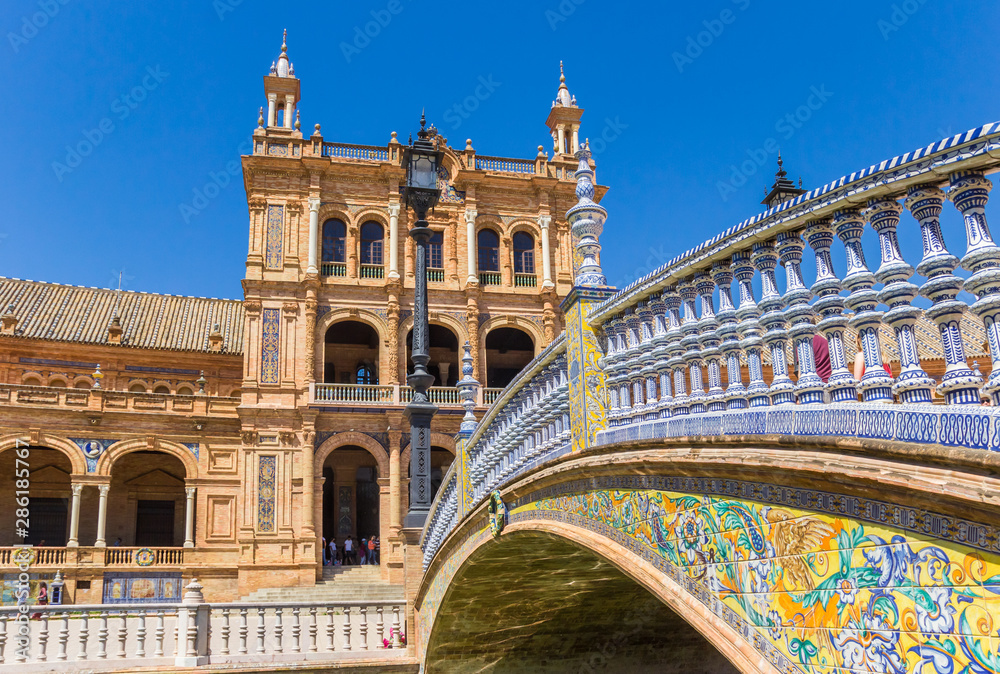 Colorful tiles at the bridge of the Plaza Espana in Sevilla, Spain