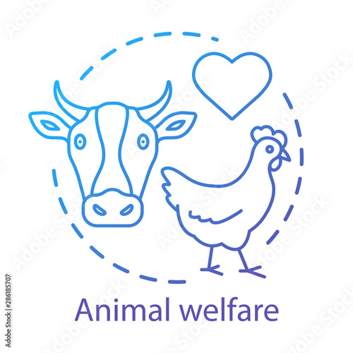 Animal shelter, welfare concept icon. Voluntary wildlife protection idea thin line illustration. Veterinary clinic, farming business. Heart symbol, chicken and cow vector isolated outline drawing