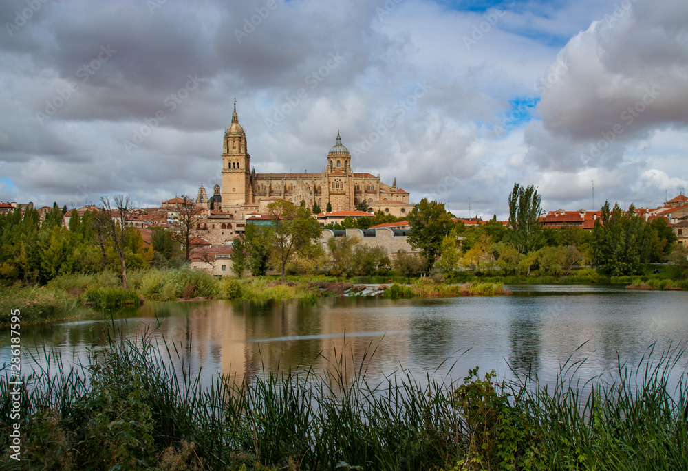 Tormes River and Catedral de Salamanca, Salamanca, Spain.