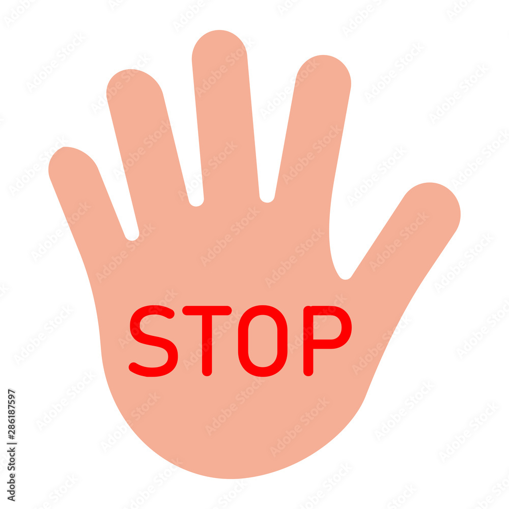 Palm wich red word Stop. Hand prohibited, warning. Denial, restriction, no violence and coercion. Vector illustration isolated. Palm wich red word Stop. Hand prohibited, warning. Denial, restriction, no violence and coercion. Vector illustration isolated.
