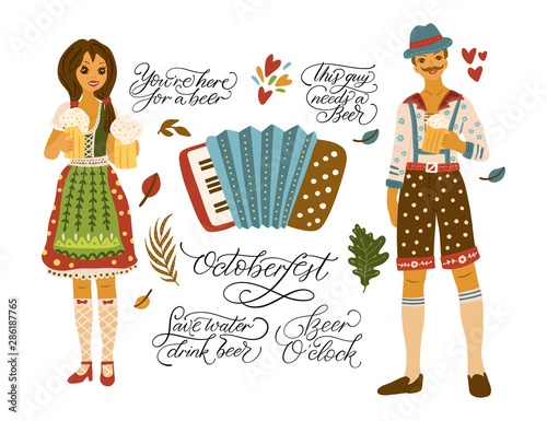 Beer festival vector illustrations with lettering quotes. Oktoberfest icon collections accordion and happy people - girl and boy.