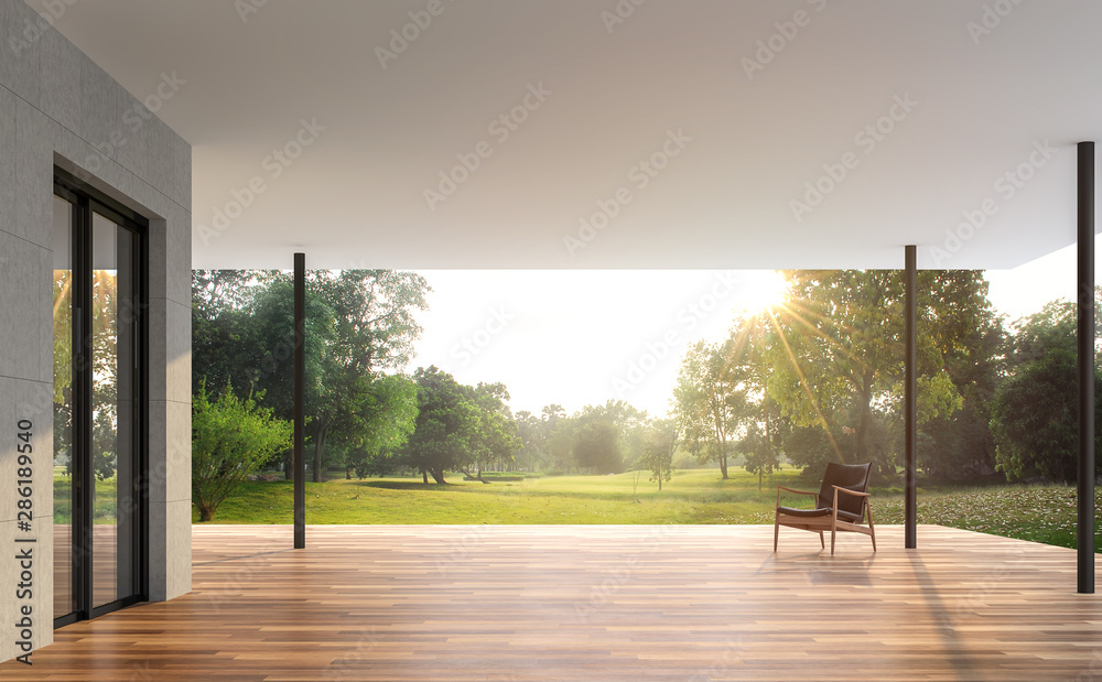 Empty contemporary terrace with garden view 3d render, There are wooden floor and concrete tile wall, funished with leather chair,looking out over the large garden in the morning. - obrazy, fototapety, plakaty 