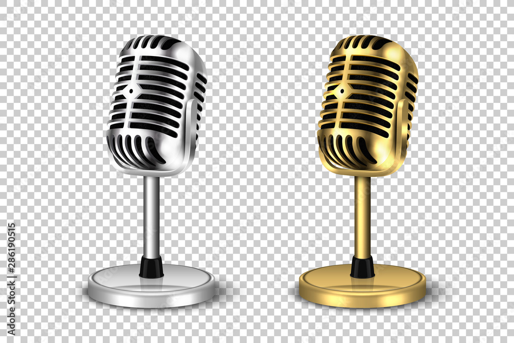 Vector 3d Realistic Retro Steel Metal Silver and Golden Concert Vocal Microphone with Stand Icon Set Closeup Isolated on Transparent Background. Design Template of Vintage Karaoke Mike. Front View