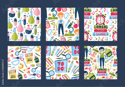 Vector school and learning seamless pattern set. Back to school poster collection with education supplies, girl and boy pupils in cartoon flat and doodle style. Stationery illustration.