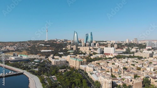 Baku, Azerbaijan. Aerial view coastline of Baku with sea side and city center of the capital and industrial, political and commercial center of Azerbaijan.