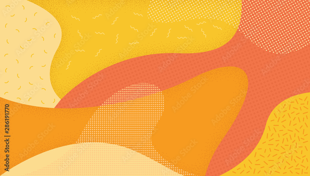 Abstract background in Memphis style. Fun texture in pop art style. Vector illustration colorful spotty pattern with lines and dots.