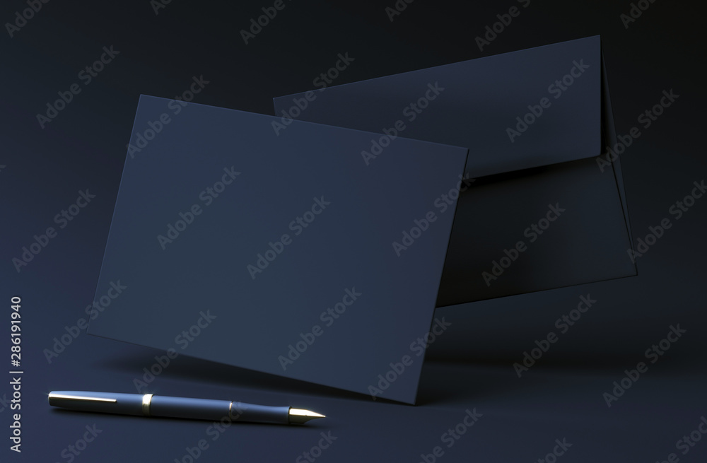 Black envelope on dark background. Premium envelope mock up. A6 envelope with blank invitation card. 3d rendering illustration - obrazy, fototapety, plakaty 