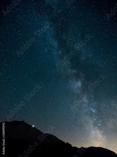 Milky Way with Mars rising behind the mountain  Engadine  Switzerland.