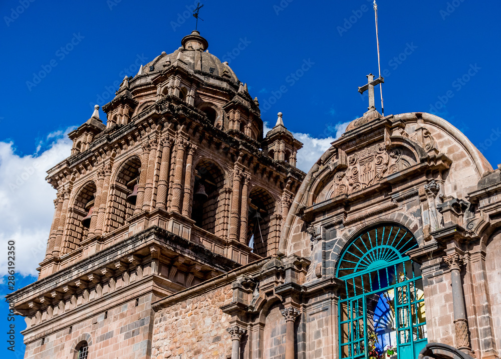 Cusco, Peru - 05/24/2019: La Merced colonial bell tower detail in Cusco, Peru.