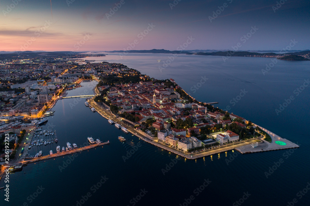 Zadar at night, aerial photo,