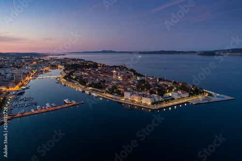 Zadar at night, aerial photo,