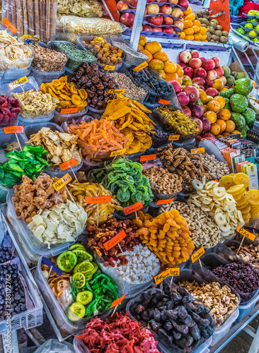 Cusco, Peru - 05/24/2019: Colorful San Pedro market produce in Cusco, Peru. 